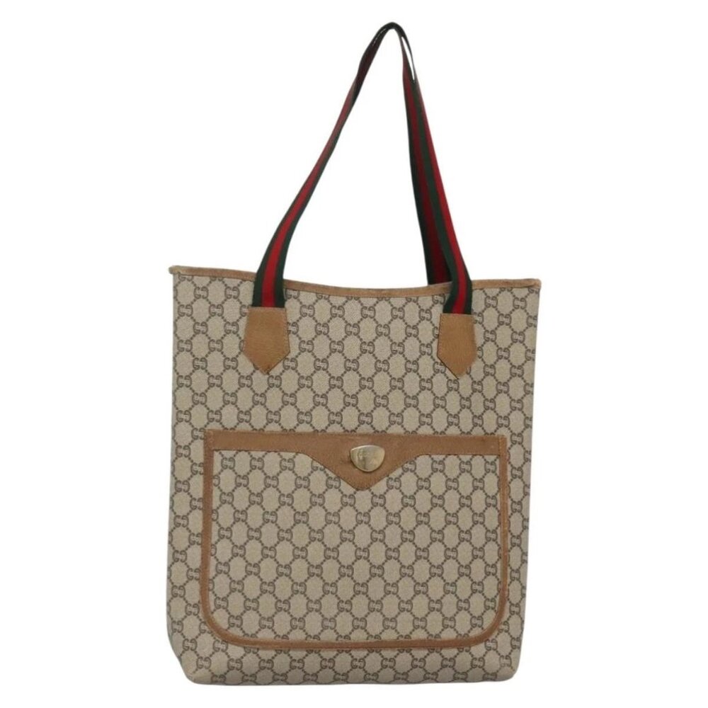 GUCCI GG Plus Supreme Web Sherry Line Tote Bag PVC Beige Gold Auth BA5355 - Picture 2 of 15